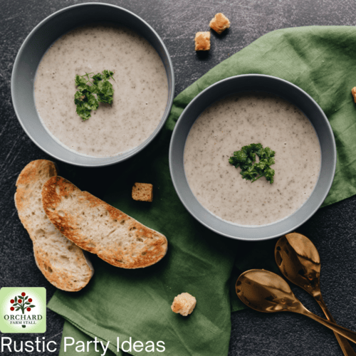 rustic party ideas llustrated by toasted bread and soup with rustic spoon