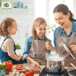 roots and recipes illustrated by mother cooking with her two young daughters