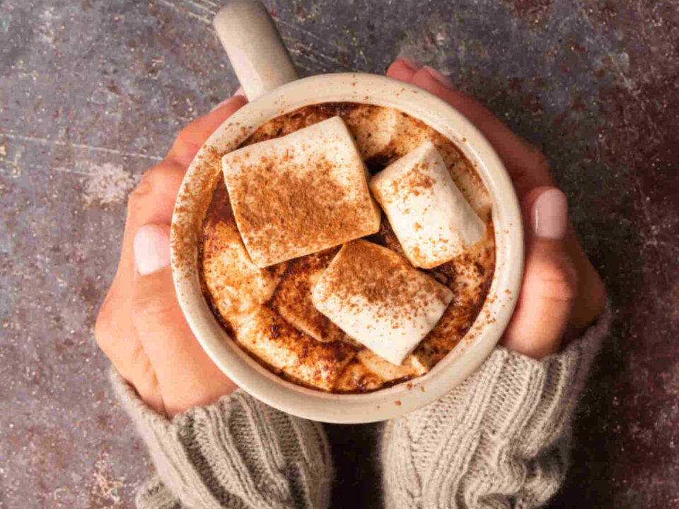 hands holding a cup of homemade coffee with marshmallows and cinnamon