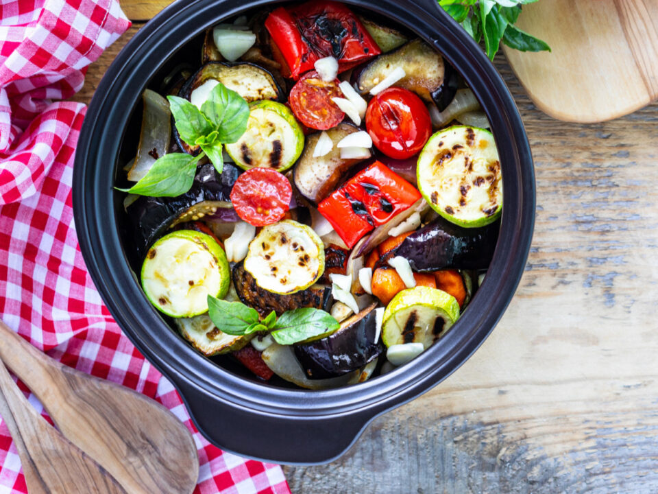 grilled veggies in black pot as braai sides