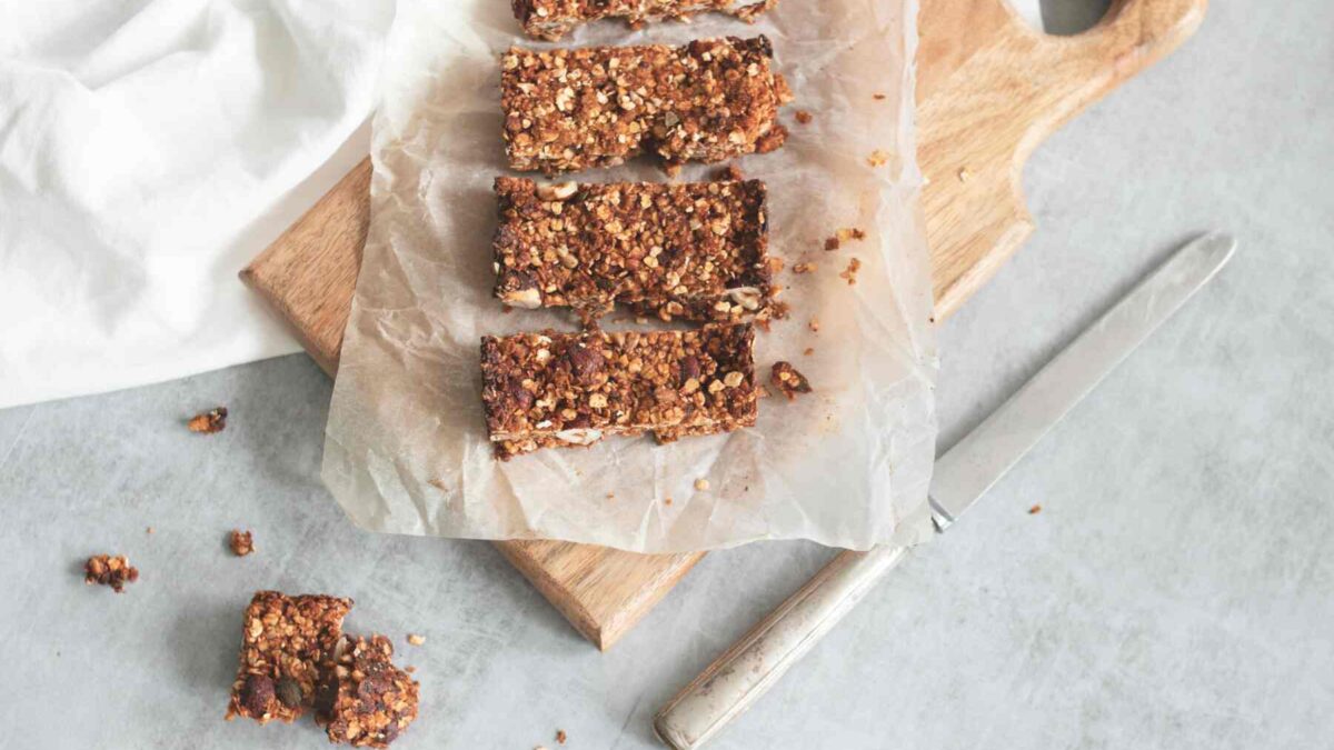 chocolate oat bars on wooden board as part of easy no bake baking