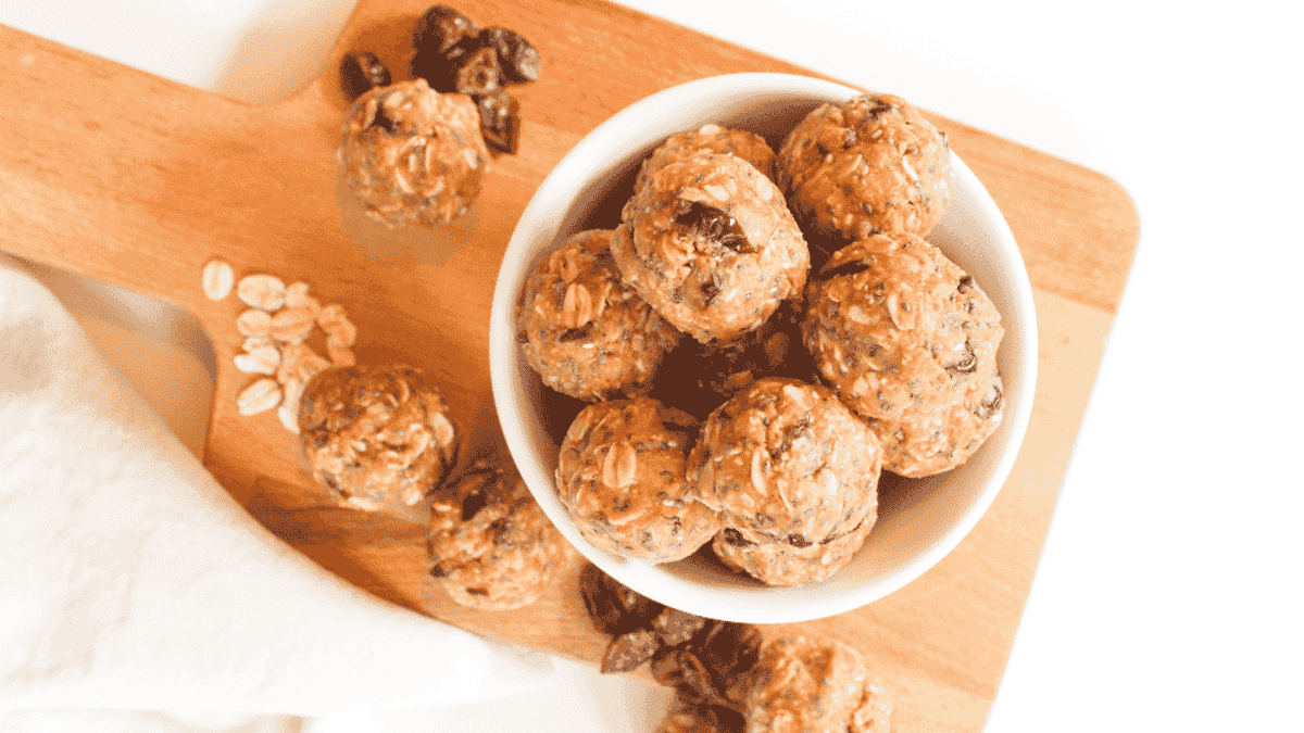 Oat balls on a white backdrop, healthy snacks