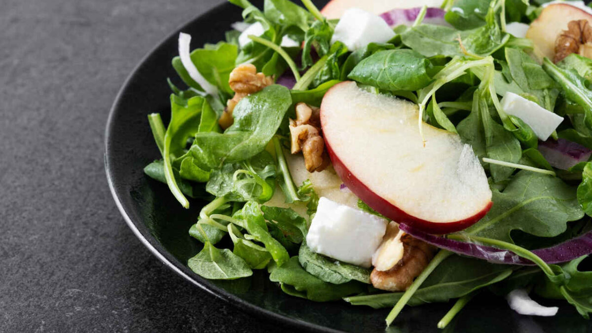 Apple, Almond & Mixed Green Salad, as one of the best light salads for scorching weather