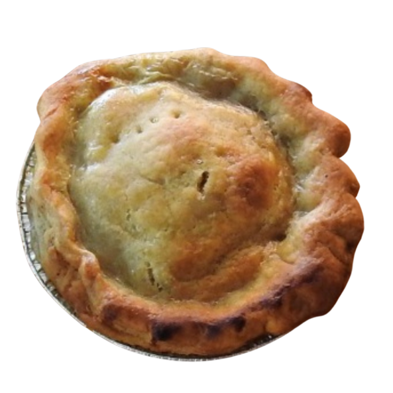 Savoury pie with a golden flaky pastry crust, filled with slow-cooked meats, vegetables, and rich gravy, presented warm and inviting as a hearty dish and without a background.