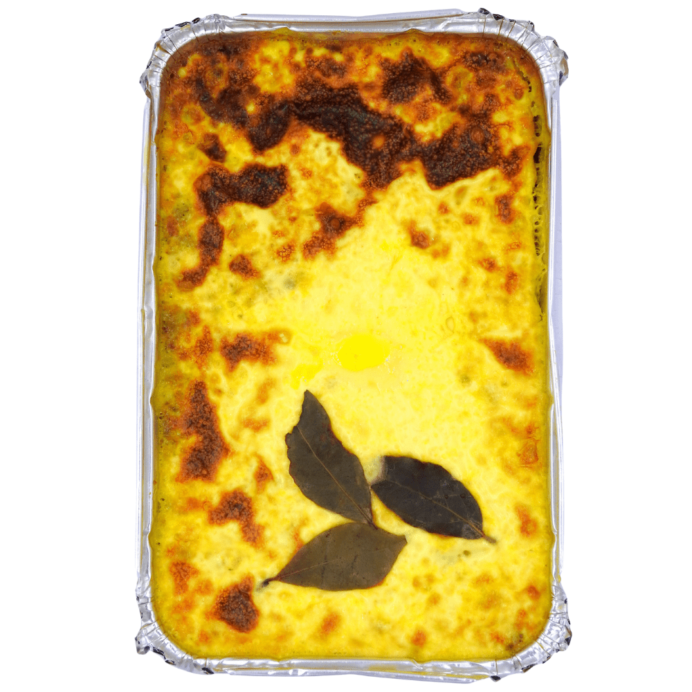 traditional bobotie made with gently spiced minced meat and a savoury baked egg custard topping, served with yellow rice, tomato relish, and coconut banana, presented as a hearty dish without a cover packaging