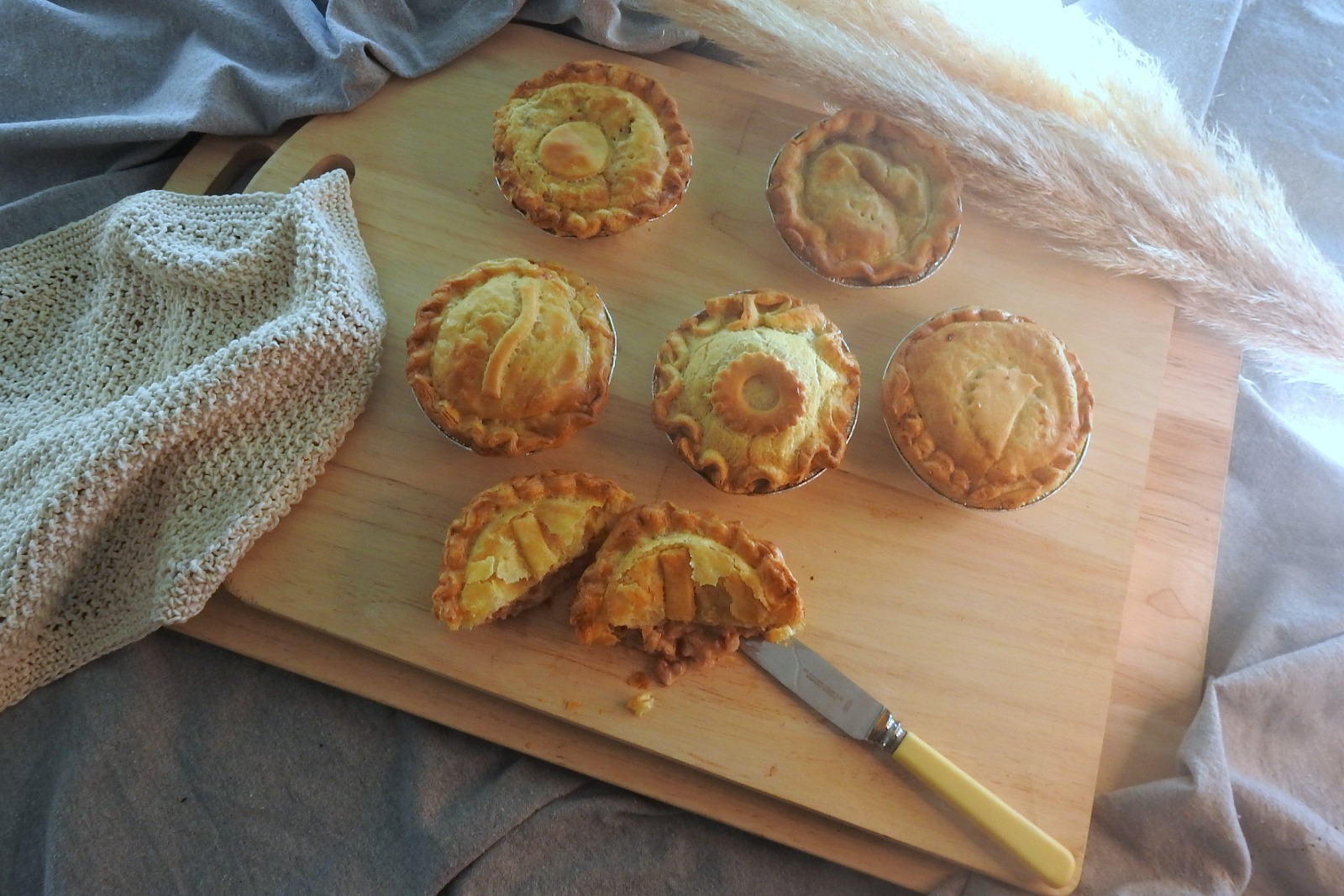 a Golden baked savoury pie filled with tender meat and vegetables, lit with natural light that enhances its rustic, homemade quality.