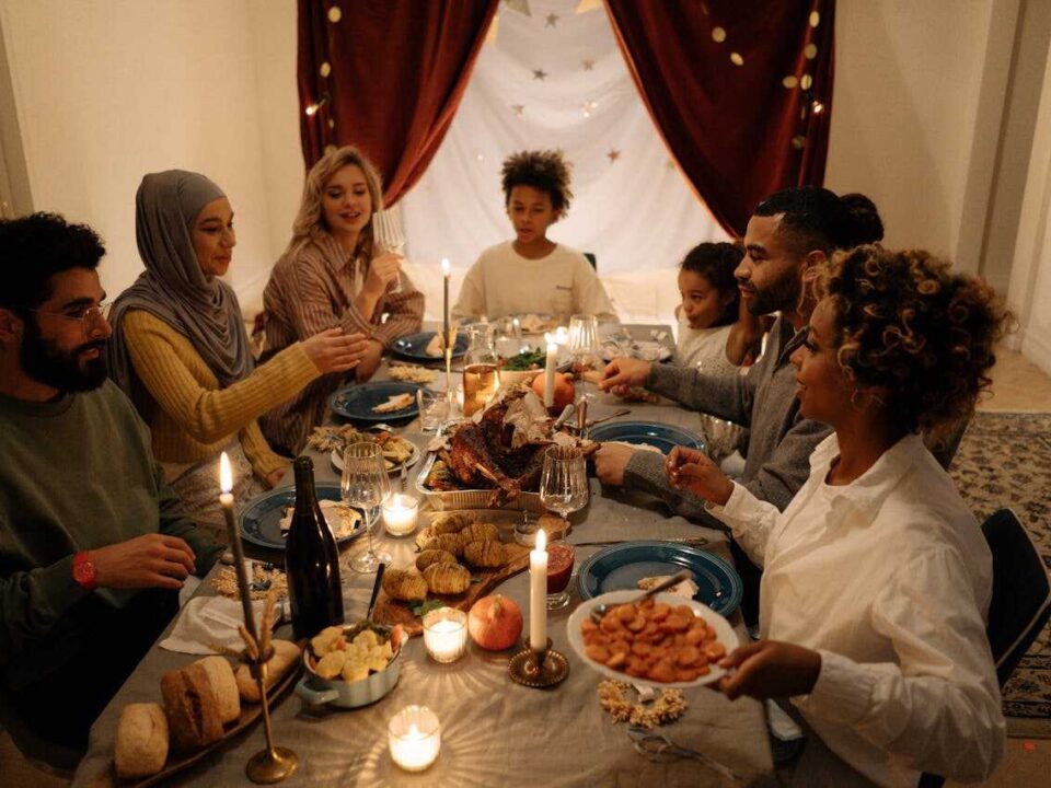 Freedom day illustrated through the cultural exchange of friends of different ethnicities over dinner