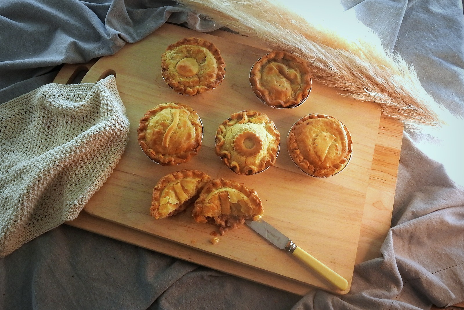 Pies with golden flaky pastry and a rich meat and vegetable filling,shown in bright natural light that enhances its fresh, hearty appeal.