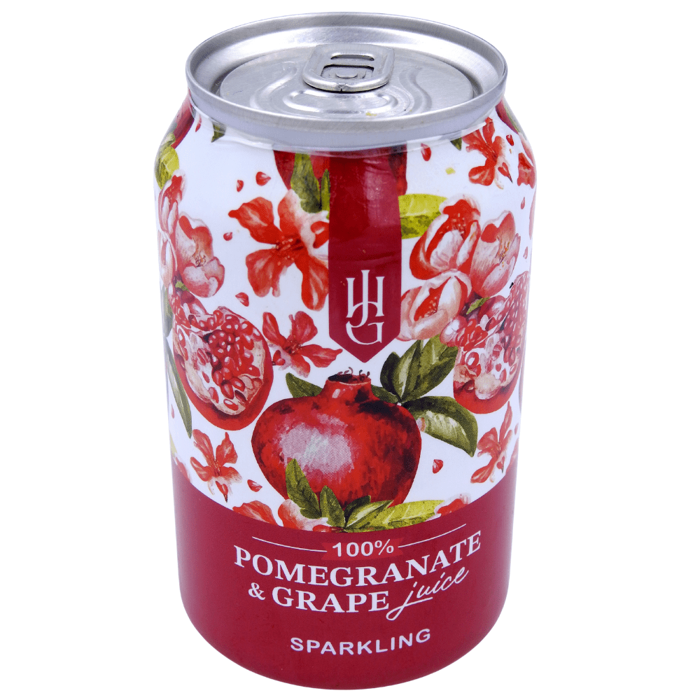 A close-up image of sparkling Pomegranate and grape juice in a soda can, highlighting its deep ruby colour and refreshing bubbles, made from sun-ripened fruit and perfect for enjoying chilled or serving at gatherings.