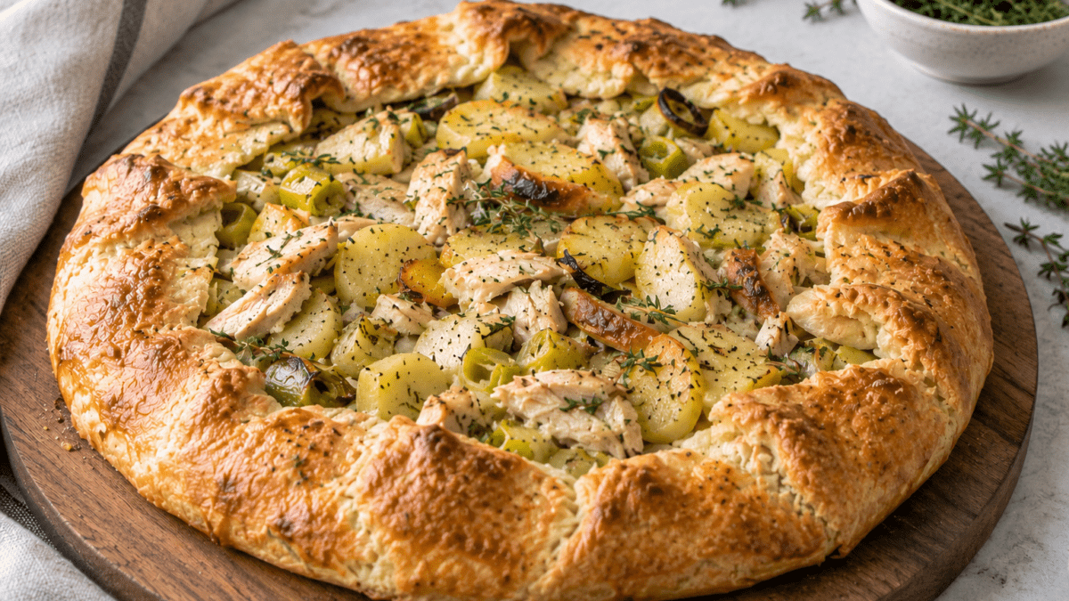A large Chicken, Potato, and Leek Gallete, made with leftover roast chicken