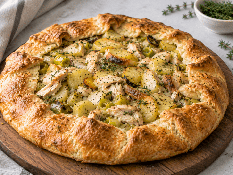 A large Chicken, Potato, and Leek Gallete, made with leftover roast chicken