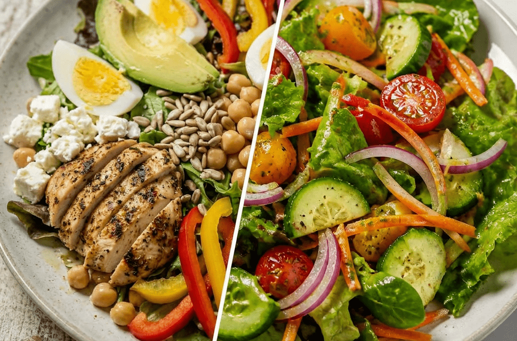 Chicken salad with fresh vegetables and eggs